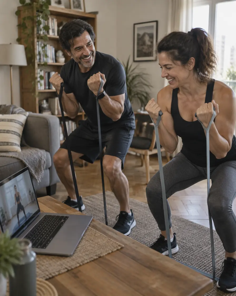 Pareja de unos 45 años entrenando con bandas elásticas en su living, siguiendo una clase en la computadora