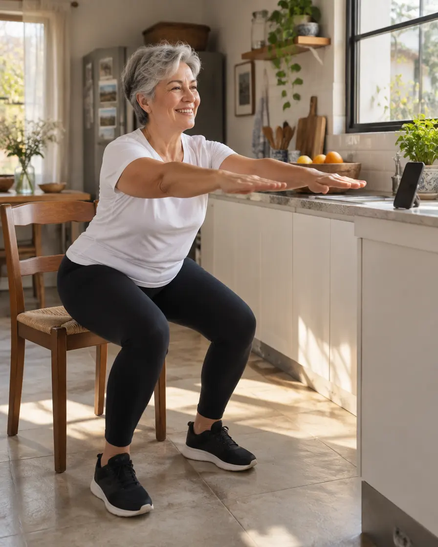 Mujer de unos 60 años haciendo una sentadilla con una silla en su cocina, sonriendo